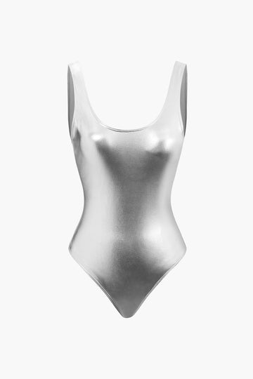 Tummy Control Metallic Round Neck One-piece Swimsuit