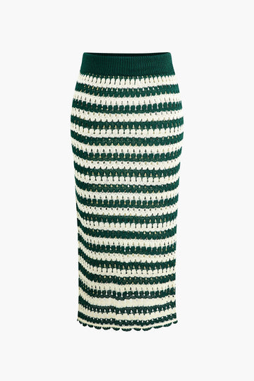 Striped Hollow Out Knit Midi Skirt