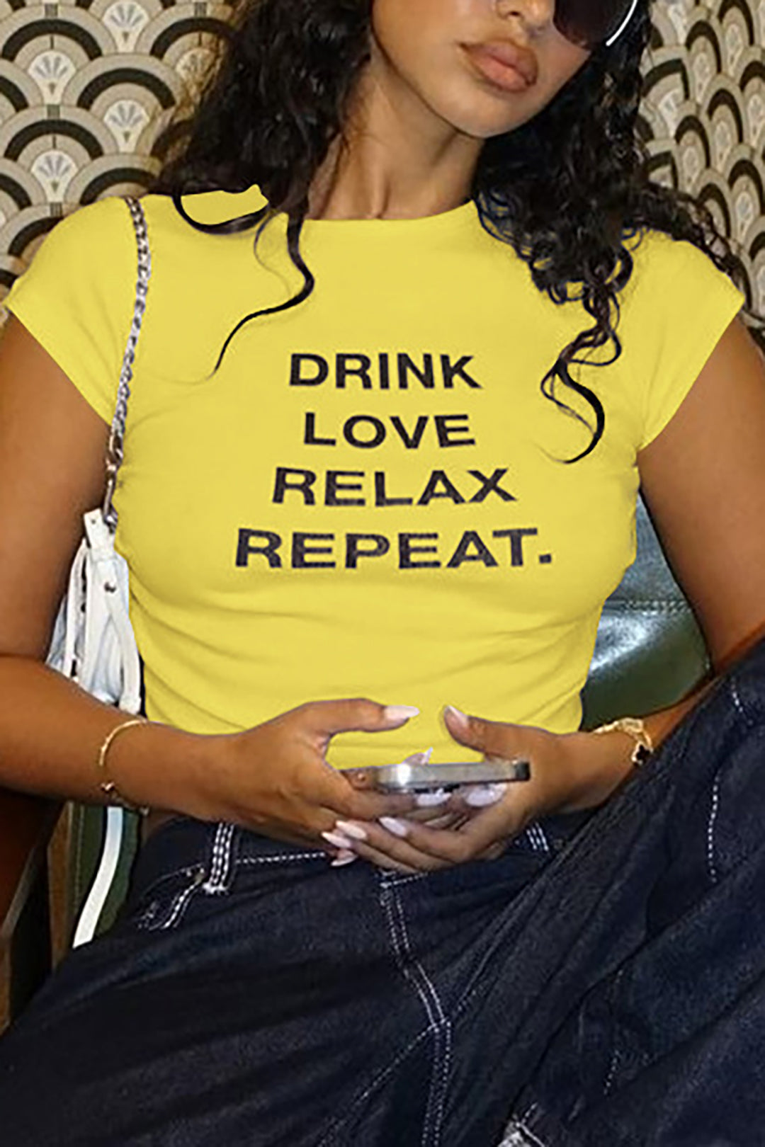 DRINK LOVE RELAX REPEAT Letter Print Ruched Cut Out T-shirt