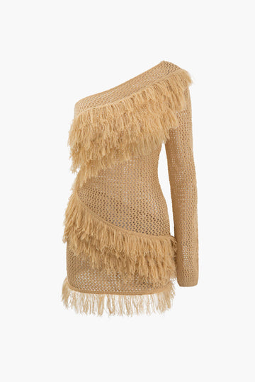 One Shoulder Fringe Openwork Knit Dress