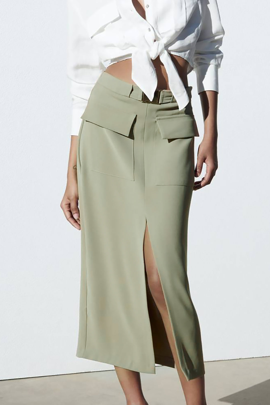 Flap Pocket Split Front Midi Skirt