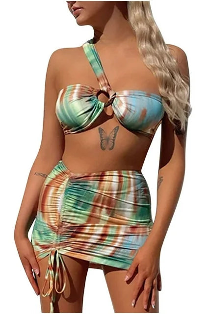 Ombre One Shoulder Bikini And Cover Up Skirt Swimsuit Set