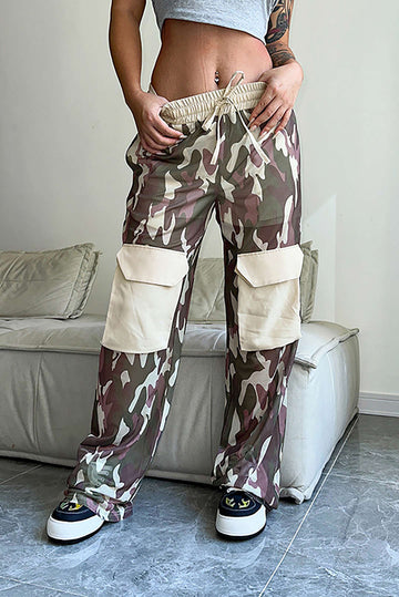 Camo Contrast High Waisted Mesh Drawstring Straight Leg Cargo Pants