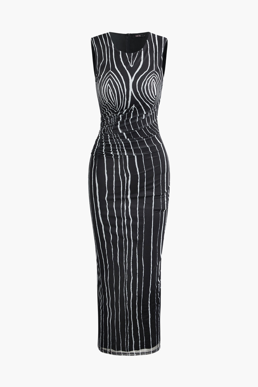 Contrast Line Print Mesh Ruched Slit Sleeveless Maxi Dress