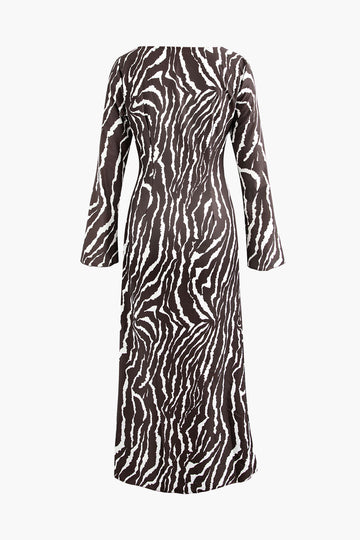 Zebra-stripe Print Round Neck Bell Sleeve Maxi Dress