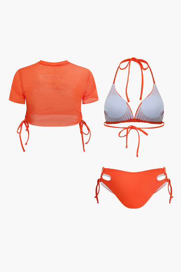 Print T-shirt And Tie Halter Bikini Set