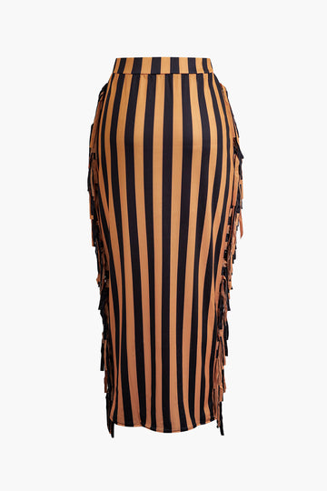 Knotted V-neck Long Sleeve Top And Stripe Tassel Maxi Skirt Set