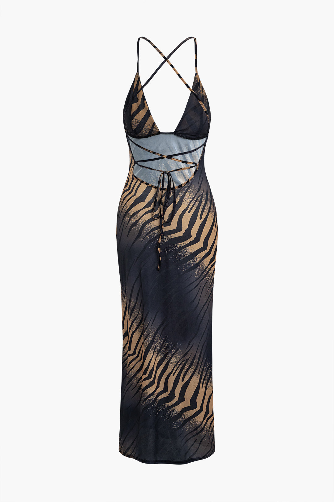 Tiger Print Tie Back Criss Cross V-neck Maxi Dress