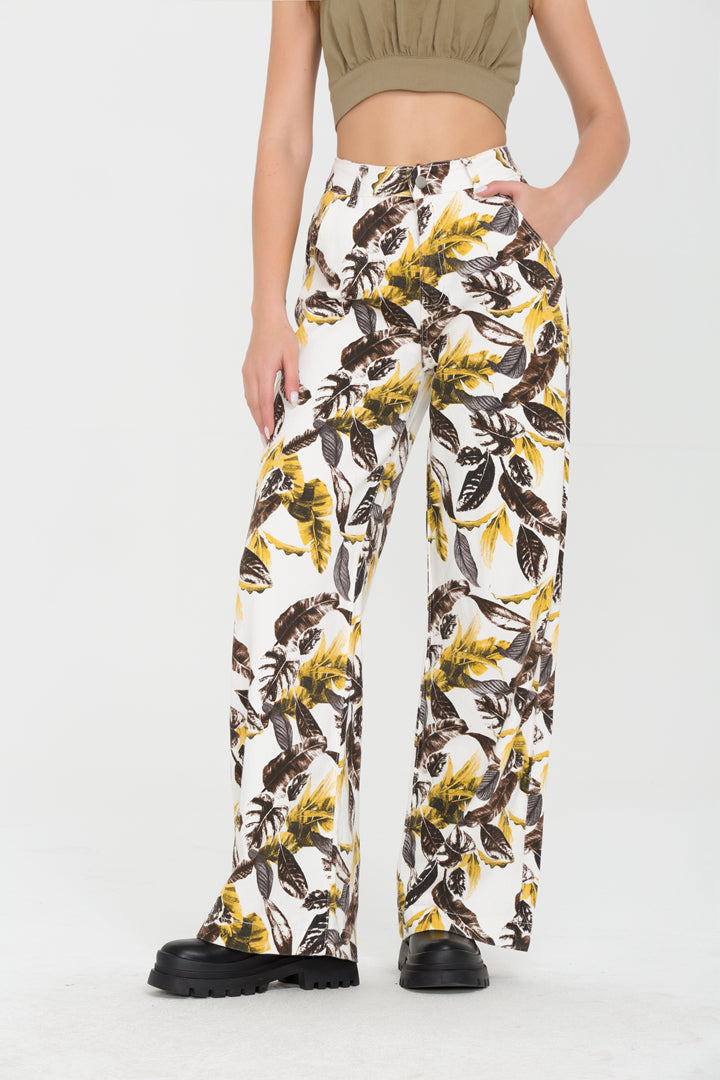 High Waist Leaf Print Straight Leg Pants