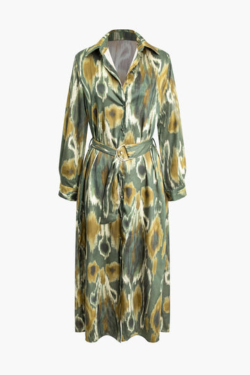 Printed Long Sleeve Belted Midi Shirt Dress