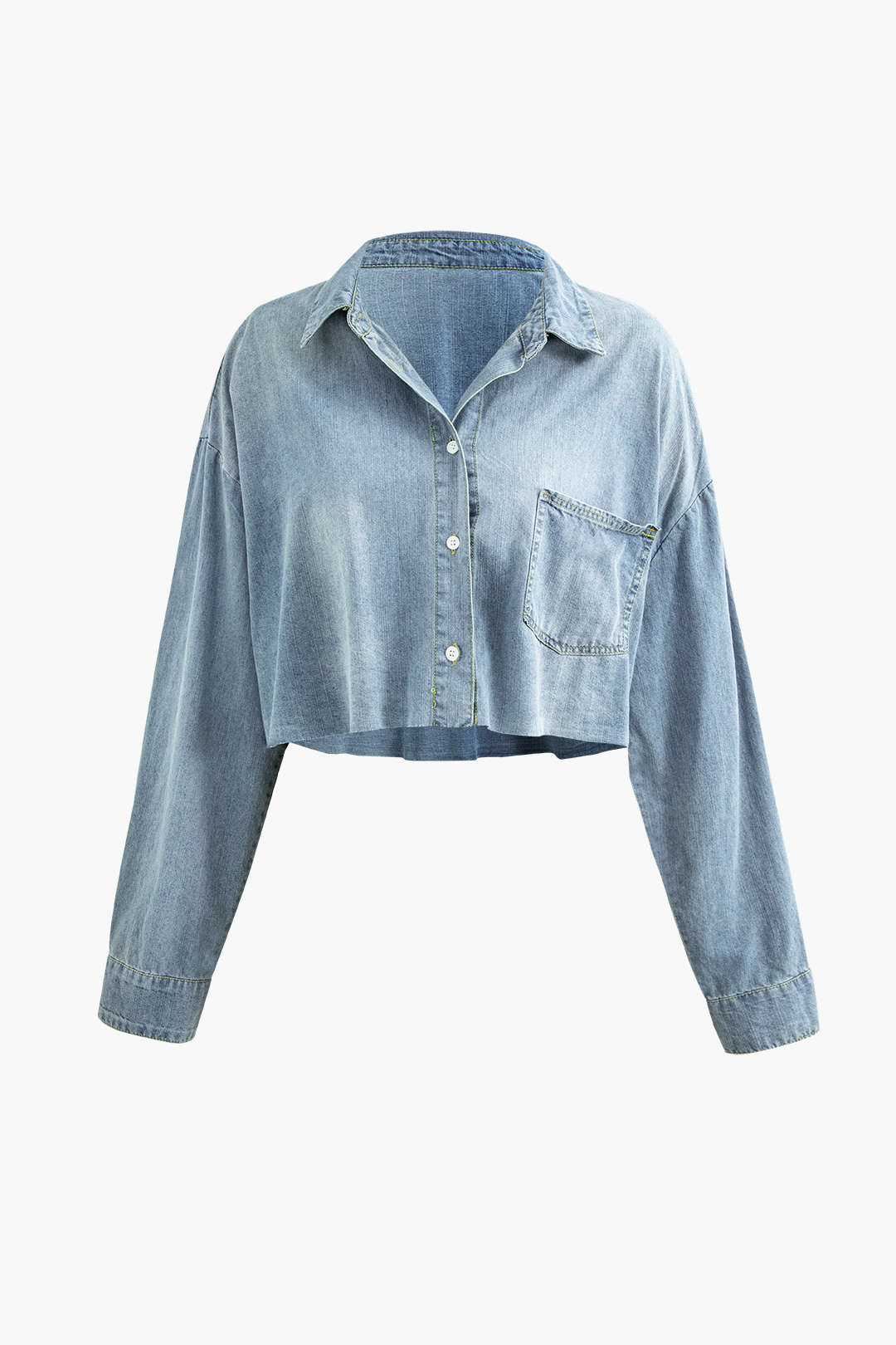 Faded Denim Button Up Raw Hem Crop Shirt