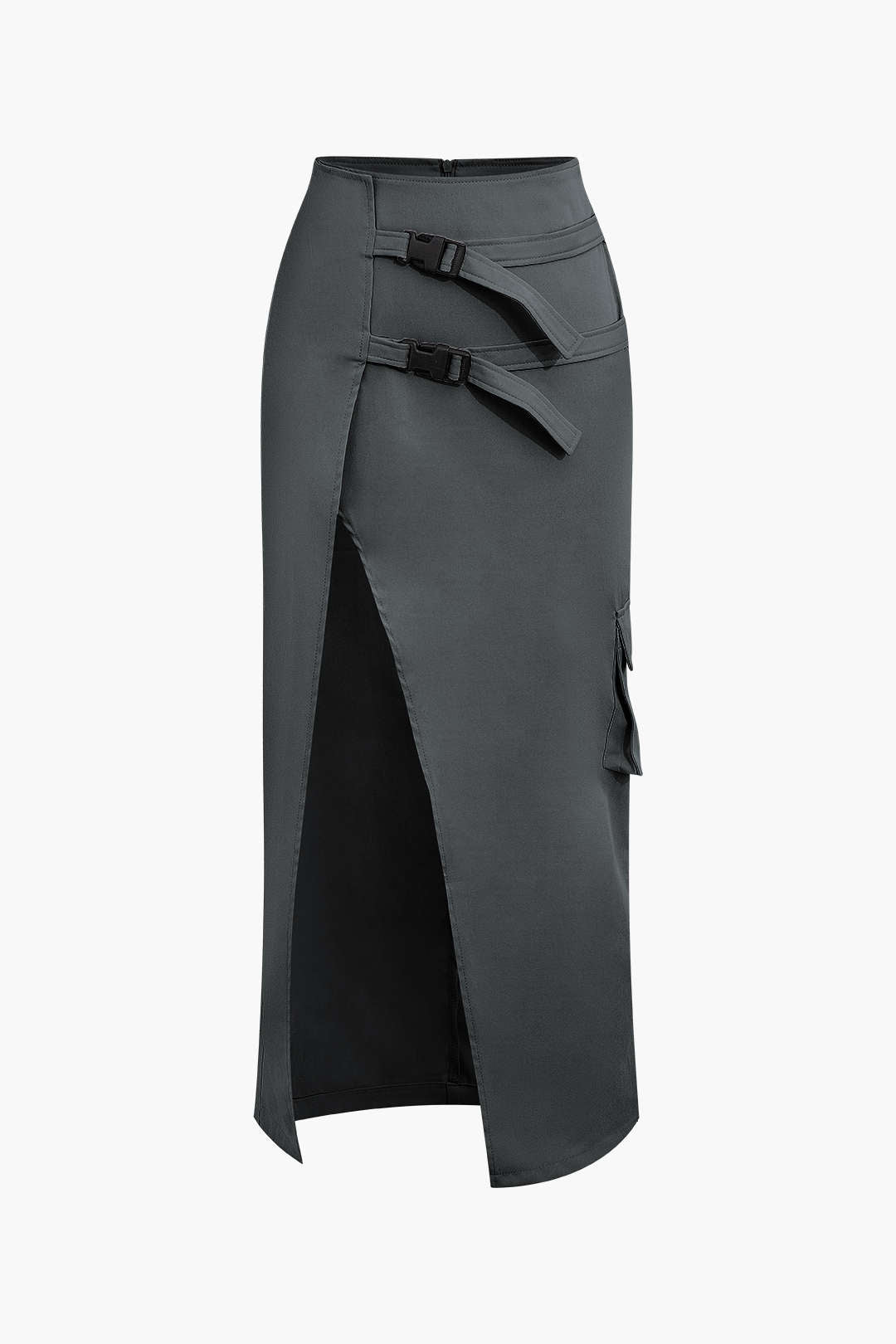 Asymmetric Belted Flap Pocket Split Maxi Skirt