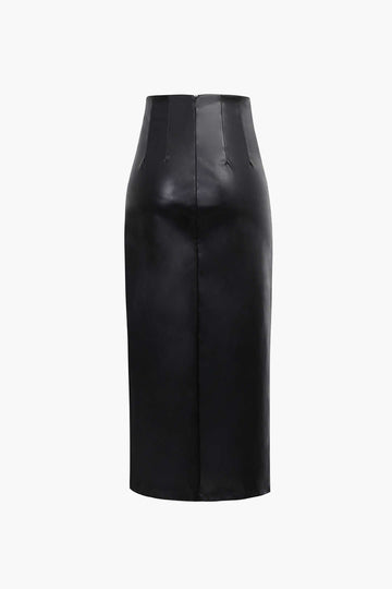 Faux Leather Drawstring Slit Skirt