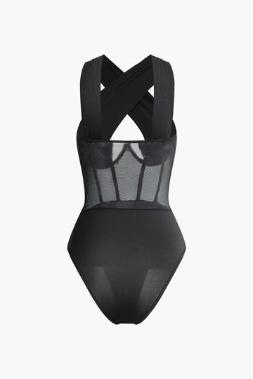 Cross Mesh Patchwork Bodysuit