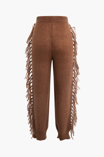 Fringe Detail Turtleneck Sweater And High Waist Knit Pants Set