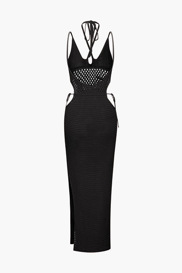 Cut Out Open Knit Backless Halter Maxi Dress