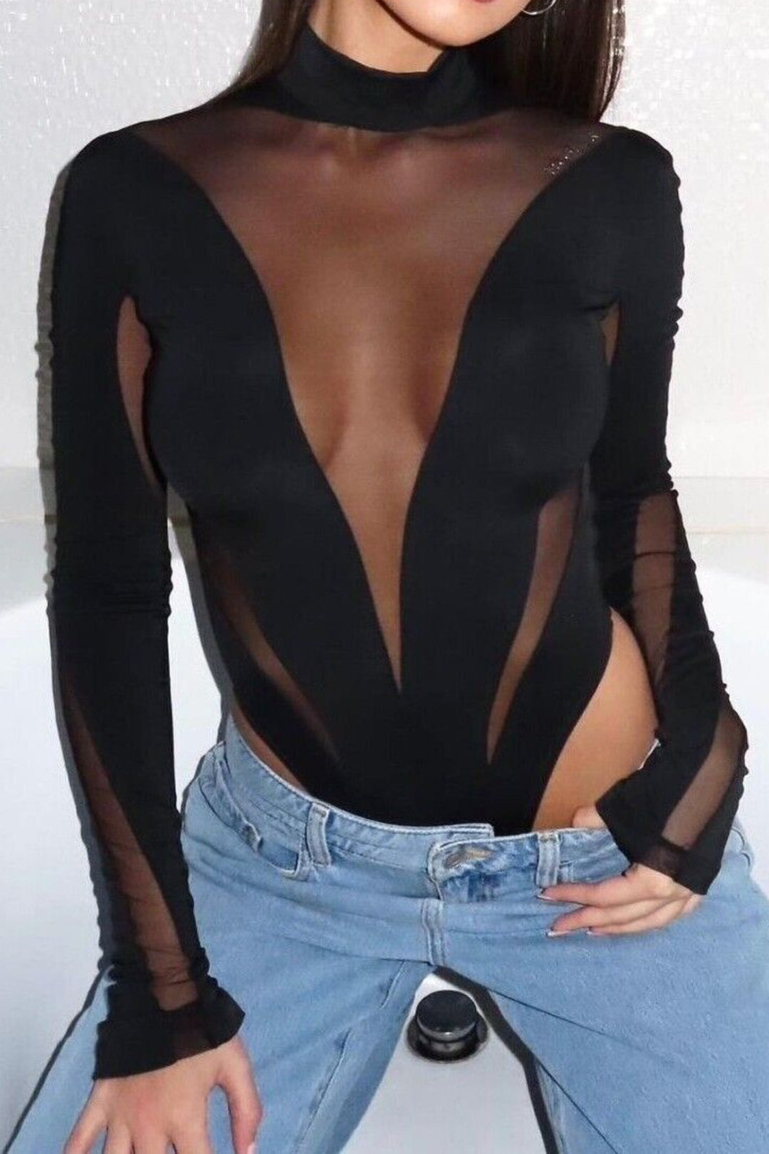 Patchwork Mesh Mock Neck Long Sleeve Bodysuit