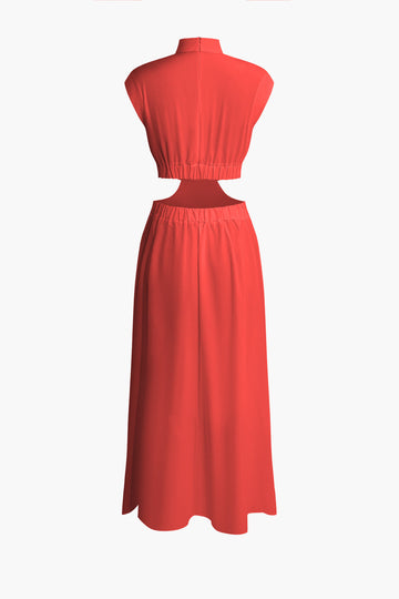 Mock Neck Cut Out Pleated Maxi Dress