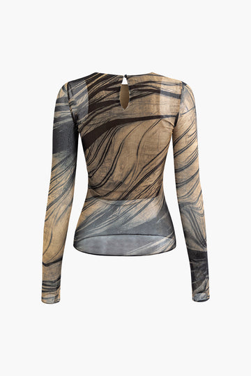 Abstract Print Round Neck Mesh Long Sleeve Top