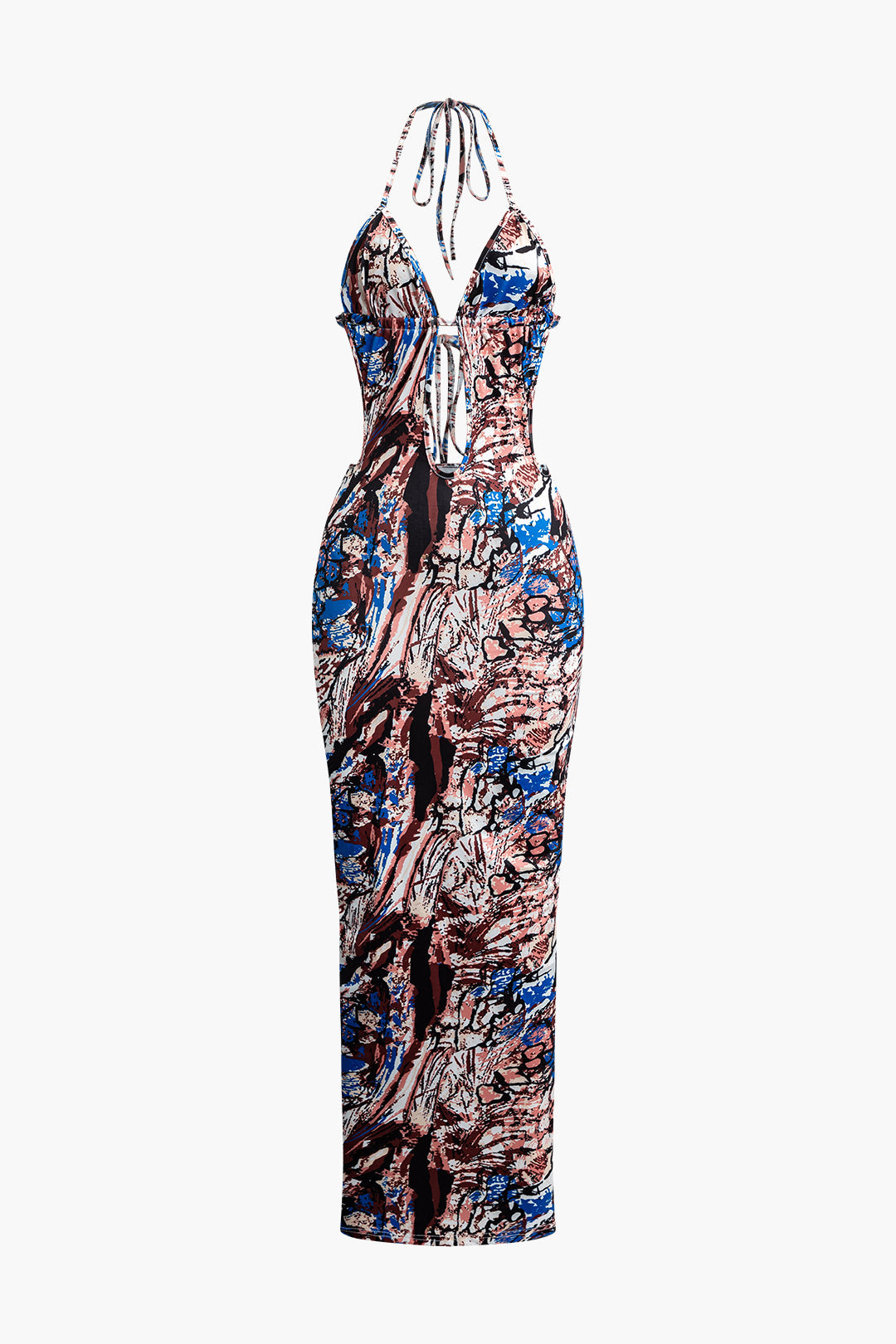 Abstract Print Tie Halter Backless Deep V-neck Maxi Dress