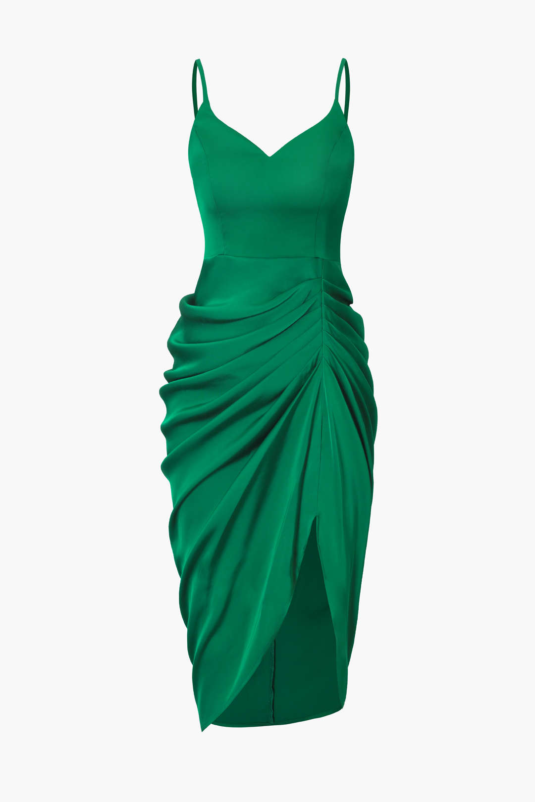 Gathered V-Neck Satin Midi Dress