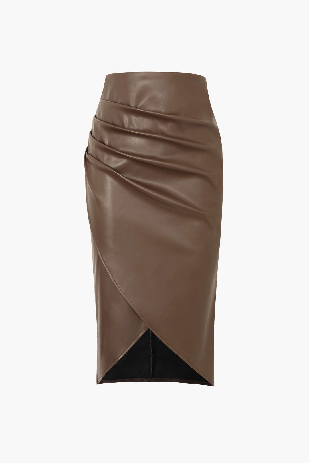 Faux Leather Wrap Ruched Midi Skirt