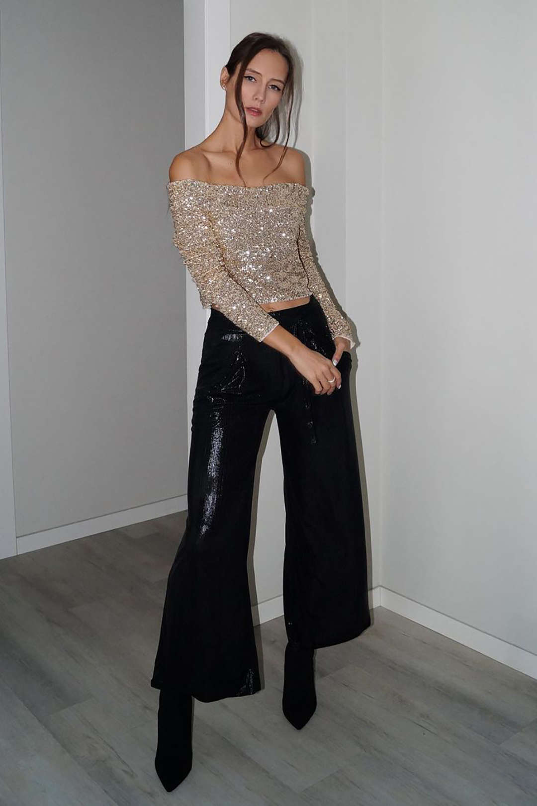 Sequin High Waisted Wide Leg Trousers