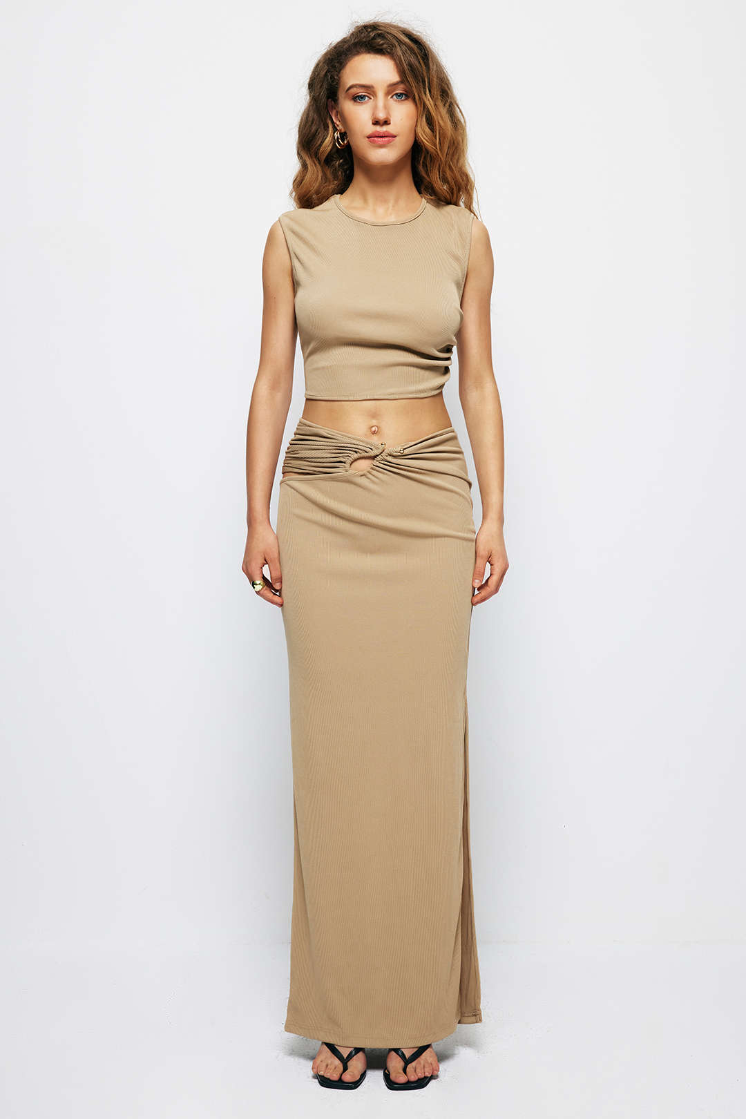 Solid Cut Out Crop Tank Top And Ruched Split Midi Skirt Set