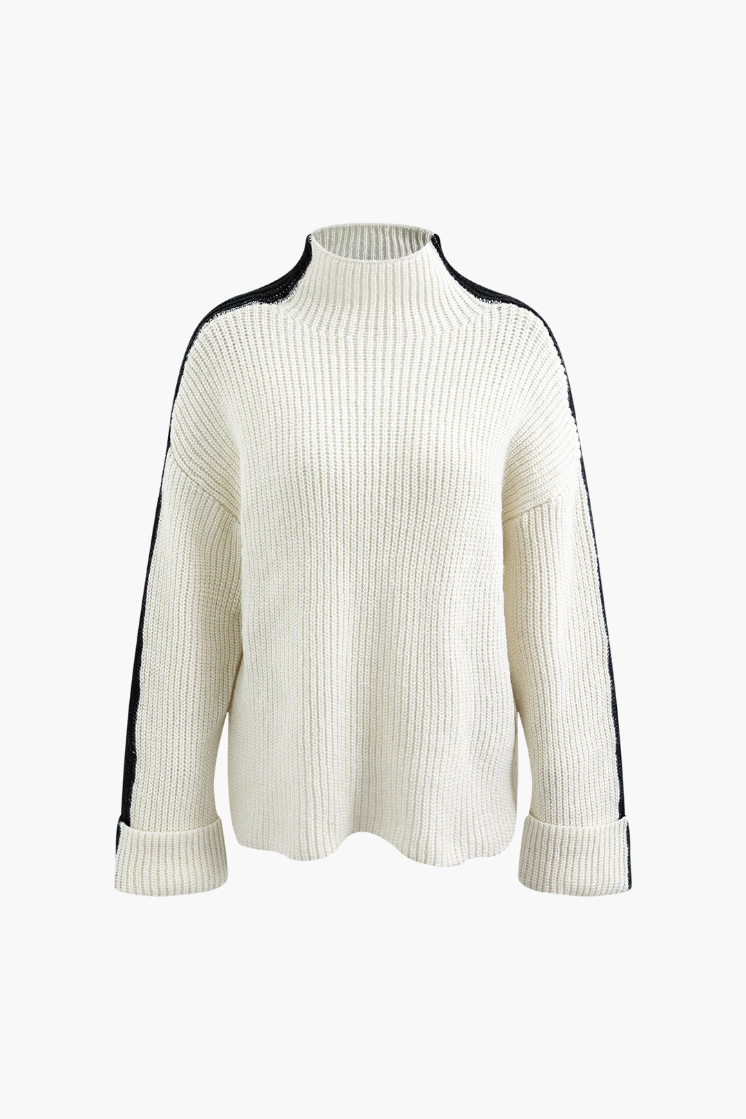 Contrast Turtle Neck Roll Cuff Sweater