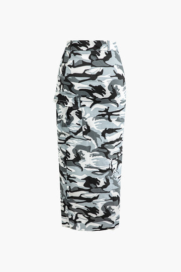 Camo Print Flap Pocket Slit Skirt