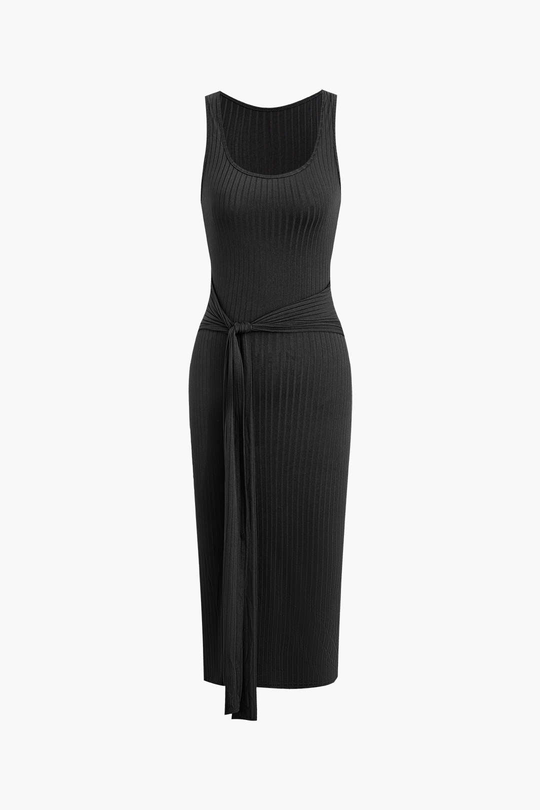 Ribbed Wrap Tie Sleeveless Midi Dress And Long Cardigan Set