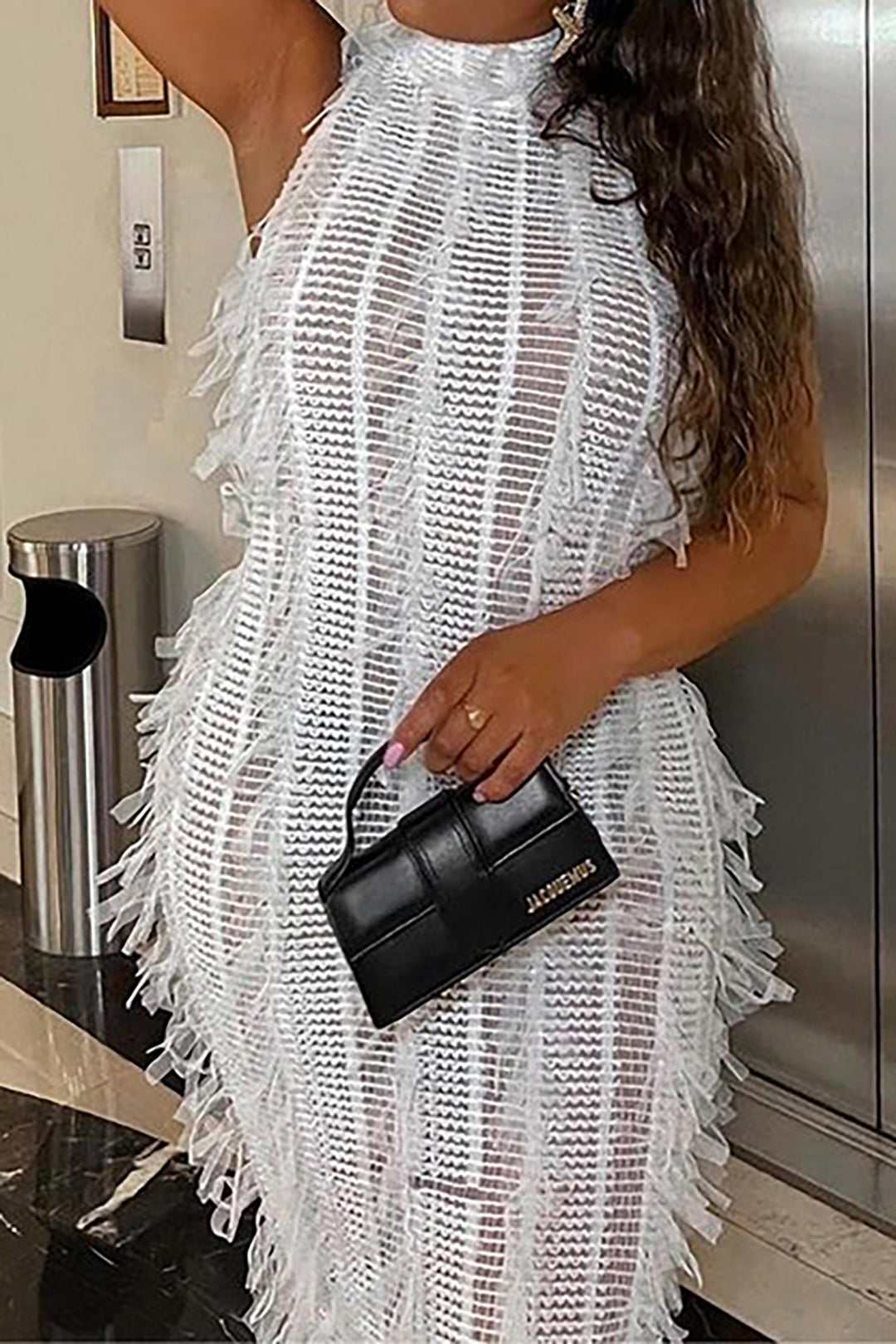 Fringe Mesh Mock Neck Midi Dress