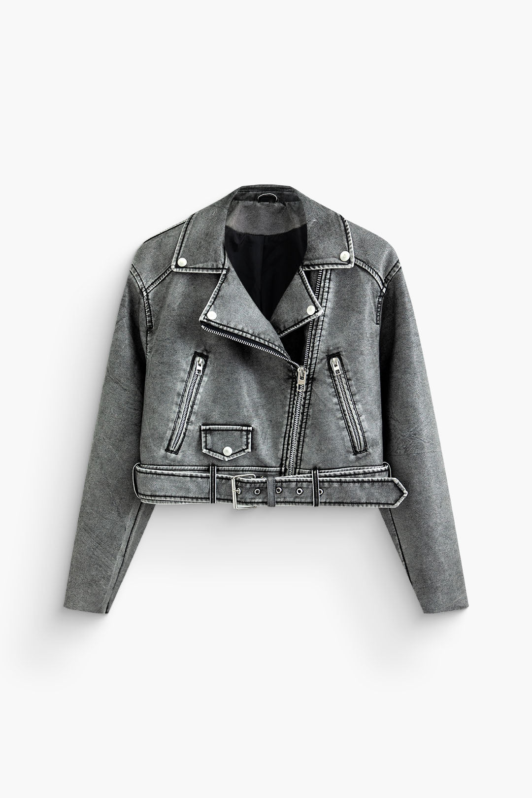 Distressed Faux Leather Notched Lapel Zipper Belted Jacket