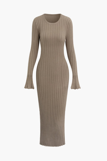 Round Neck Bell Sleeve Rib Knit Maxi Dress