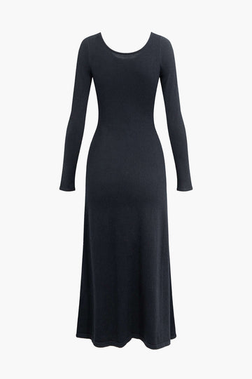 Solid Round Neck Slit Long Sleeve Sweater Dress