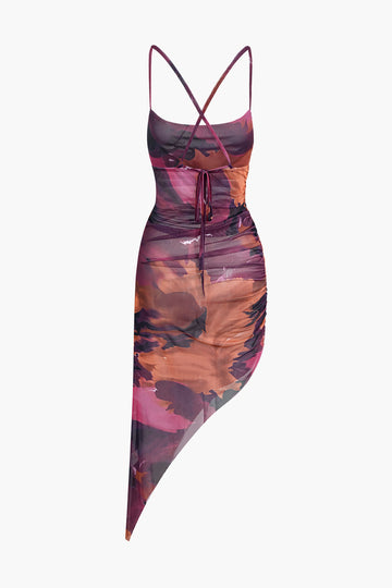 Tie Dye Mesh Ruched Slip Midi Dress