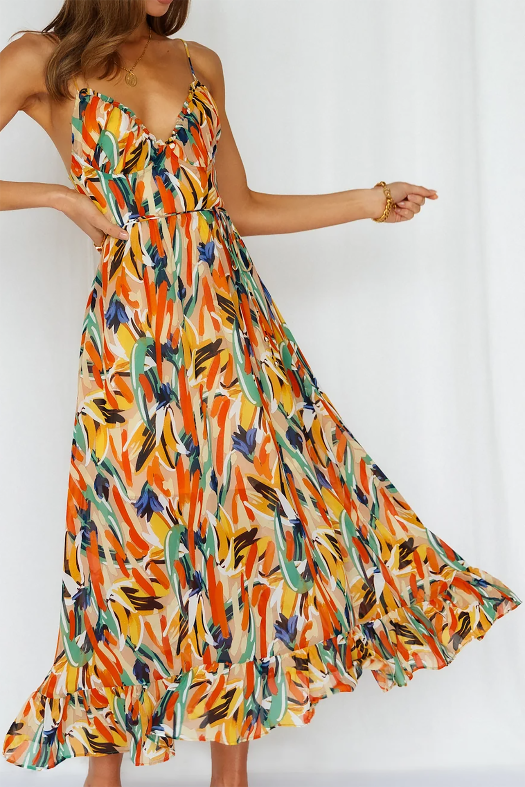 Abstract Print Ruffle Trim Spaghetti Strap Midi Dress