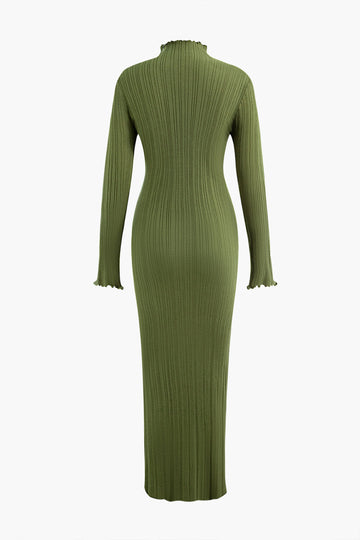 Solid Mock Neck Rib Knit Lettuce Trim Maxi Dress