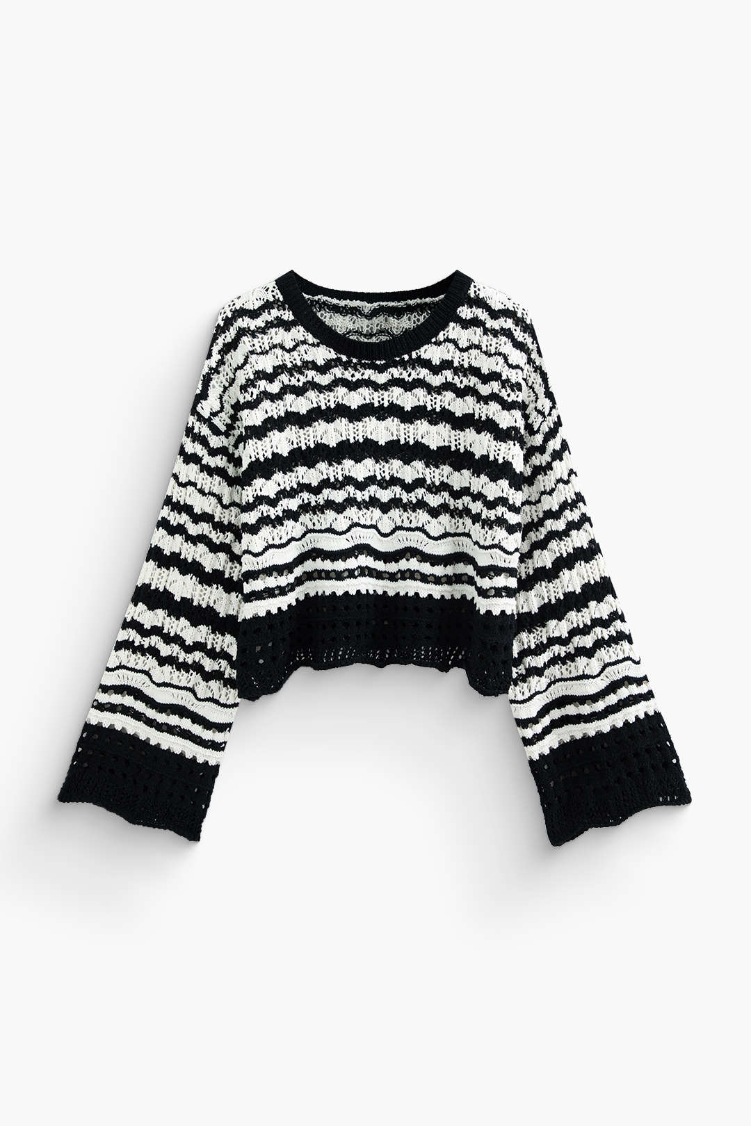 Stripe Round Neck Open Knit Crop Top