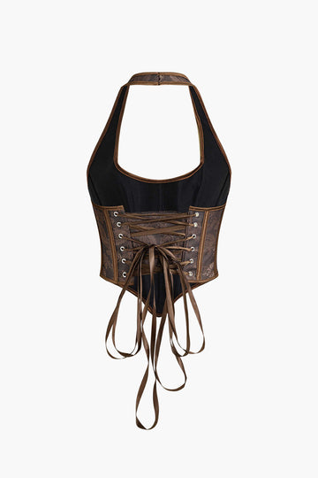 Jacquard Eyelet Tie Halter Corset Top