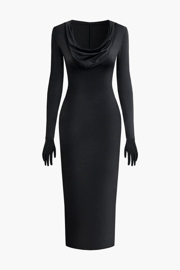 Cowl Neck Long Sleeve Slit Maxi Dress With Glove