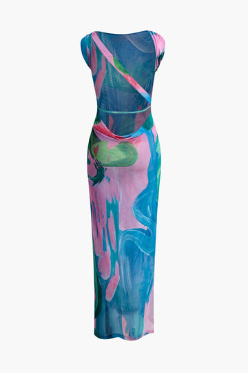 Abstract Floral Print Mesh Sleeveless Backless Maxi Dress