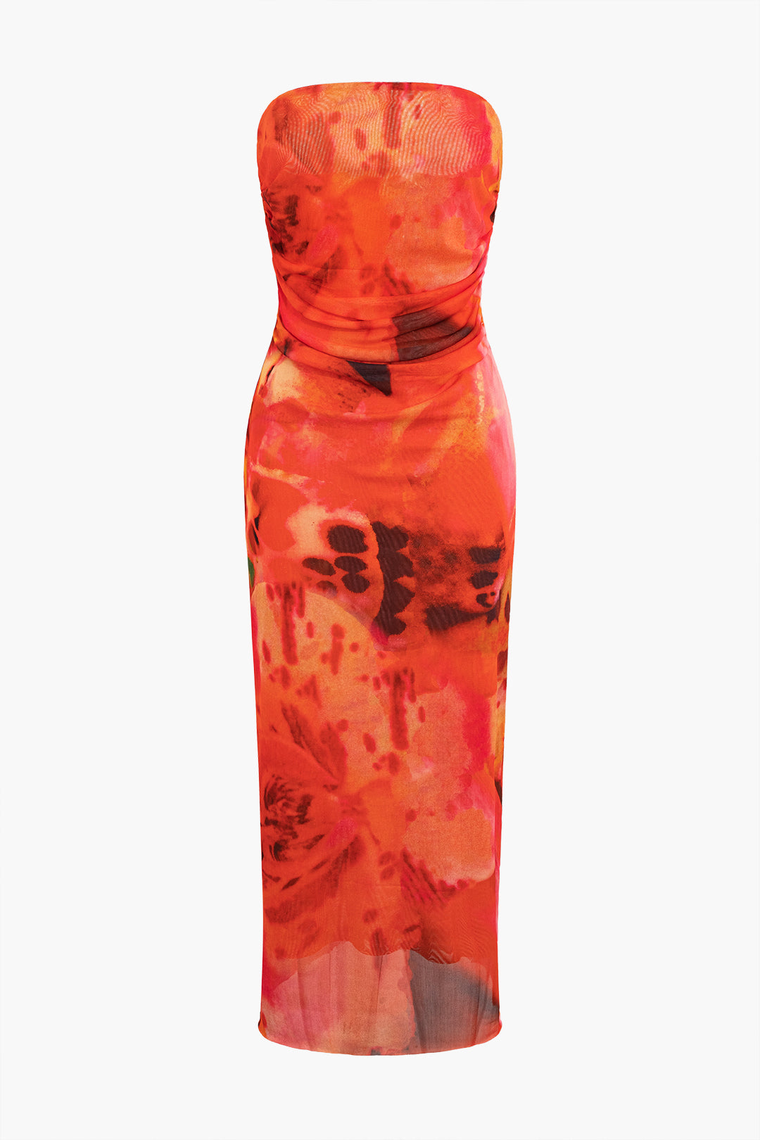 Tie Dye Strapless Mesh Midi Dress