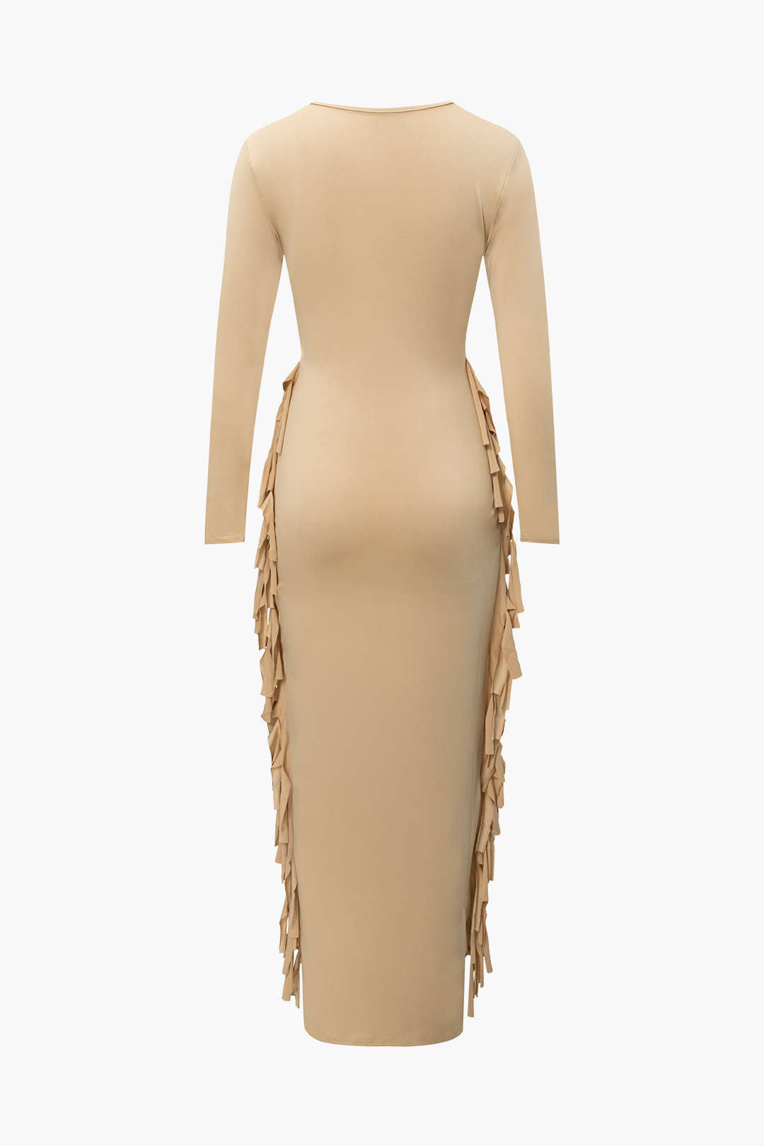 Round Neck Solid Color Fringe Trim Maxi Dress