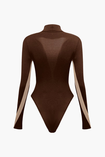 Patchwork Mesh Mock Neck Long Sleeve Bodysuit