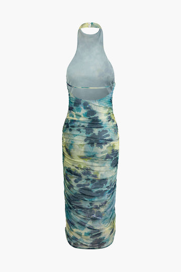 Tie Dye Mesh Ruched Halter Midi Dress