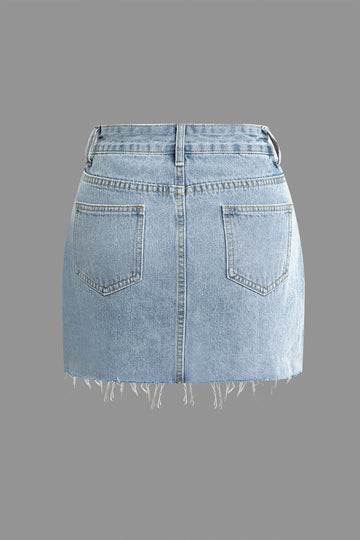 Frayed Hem Hollow Out Denim Mini Skirt