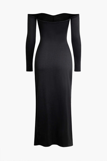 Off shoulder Ruched Slit Long Sleeve Maxi Dress