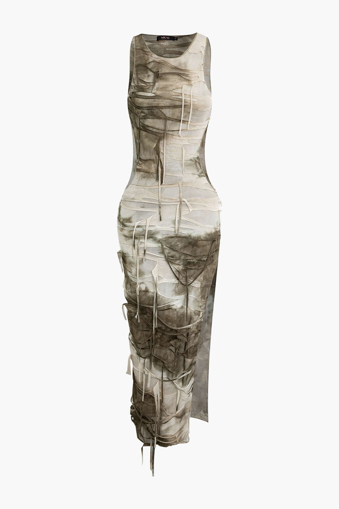 Tie Dye Distressed Sleeveless Cut Out Slit Maxi Dress