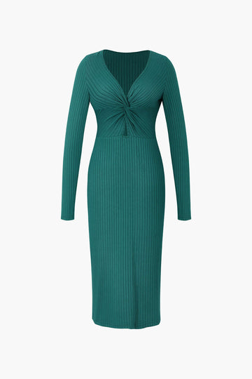 Ribbed Twist Detail Long Sleeve Midi Dress